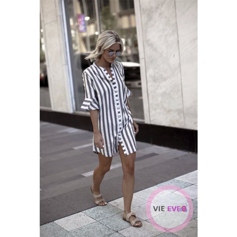 Ladies Black & White Thick Striped Casual Flare Half Sleeve Shirt Dress | Robe chemise à manches courtes rayé noir et blanc - ImbattablePlus
