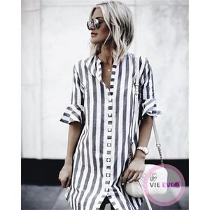 Ladies Black & White Thick Striped Casual Flare Half Sleeve Shirt Dress | Robe chemise à manches courtes rayé noir et blanc - ImbattablePlus