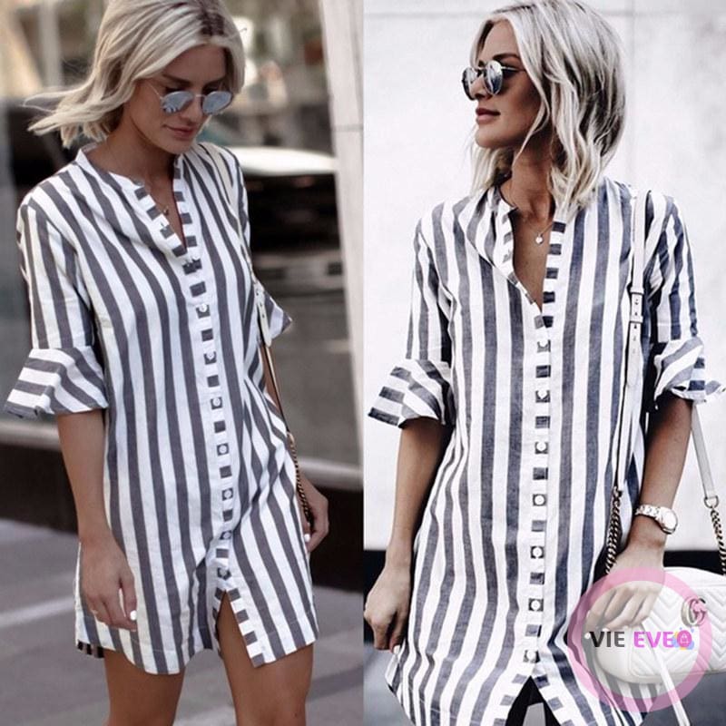 Ladies Black & White Thick Striped Casual Flare Half Sleeve Shirt Dress | Robe chemise à manches courtes rayé noir et blanc - ImbattablePlus