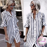 Ladies Black & White Thick Striped Casual Flare Half Sleeve Shirt Dress | Robe chemise à manches courtes rayé noir et blanc - ImbattablePlus